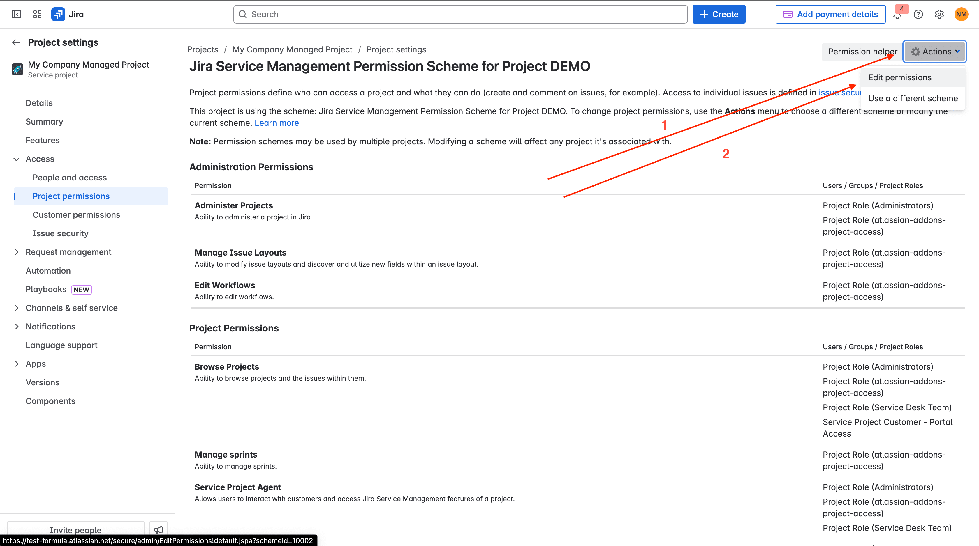 Tick checklist for Jira - permission actions for company managed project