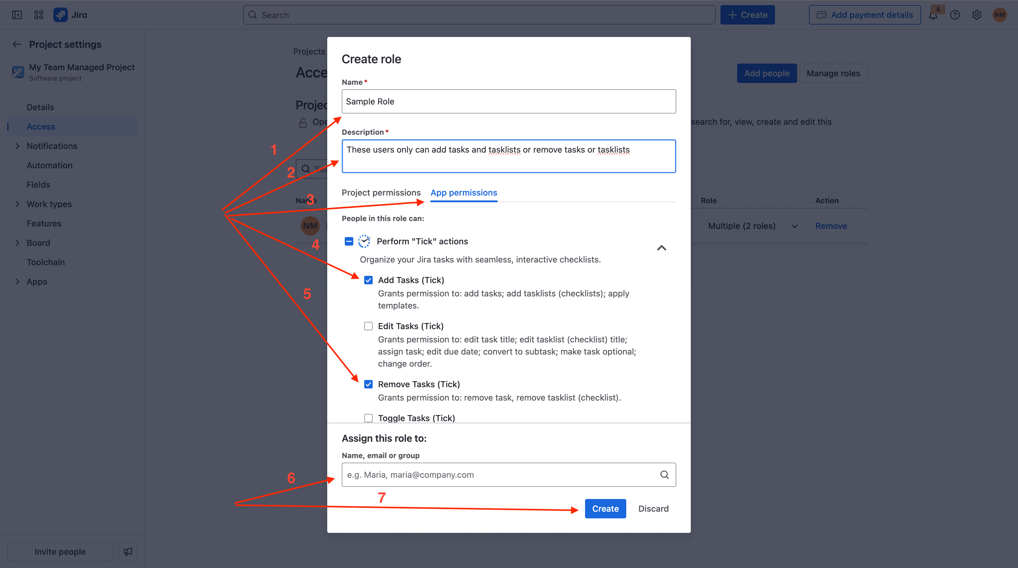 Tick checklist for Jira - create a new role for team managed project