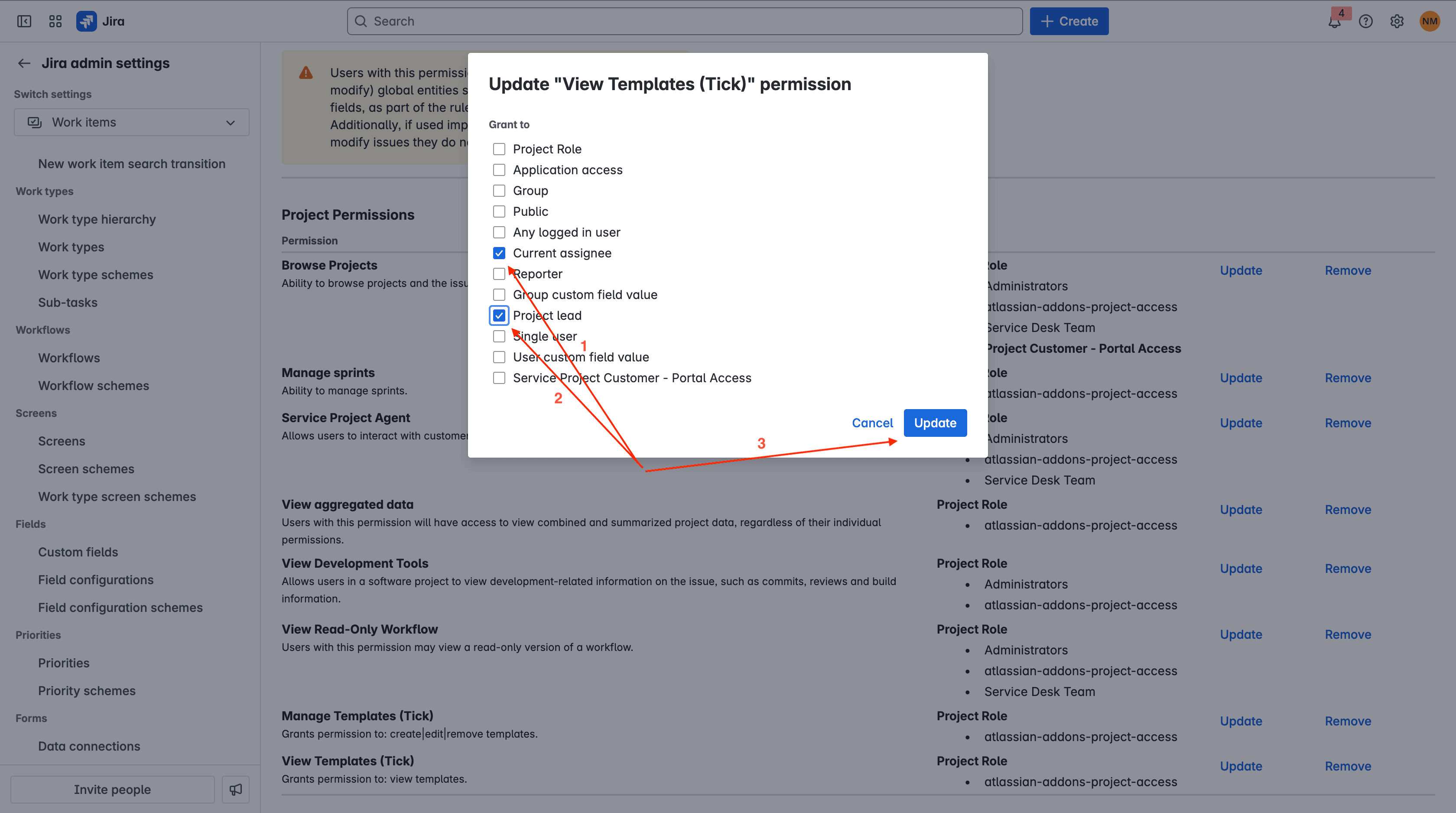 Tick checklist for Jira - assign role for company managed project