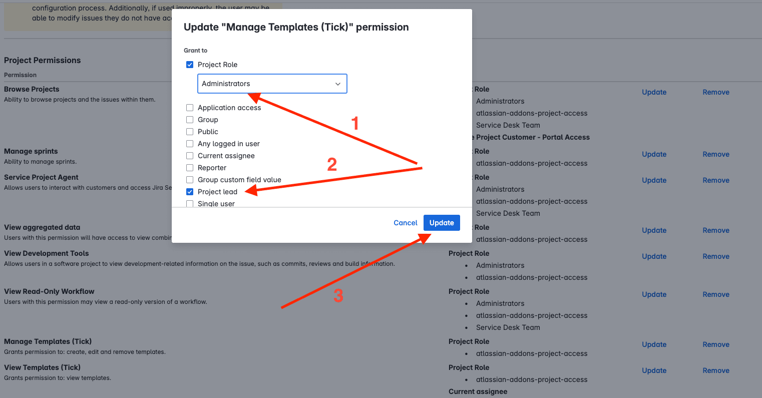 Tick checklist for Jira - assign role for company managed project
