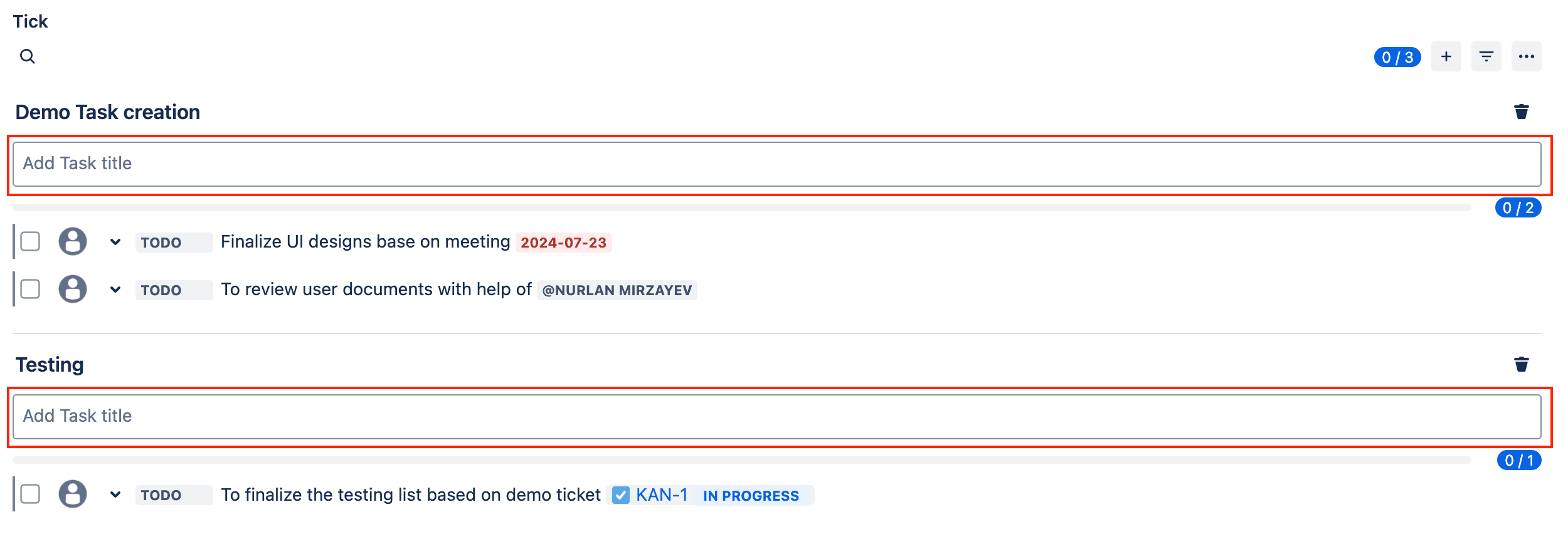 tick demonstration of task input