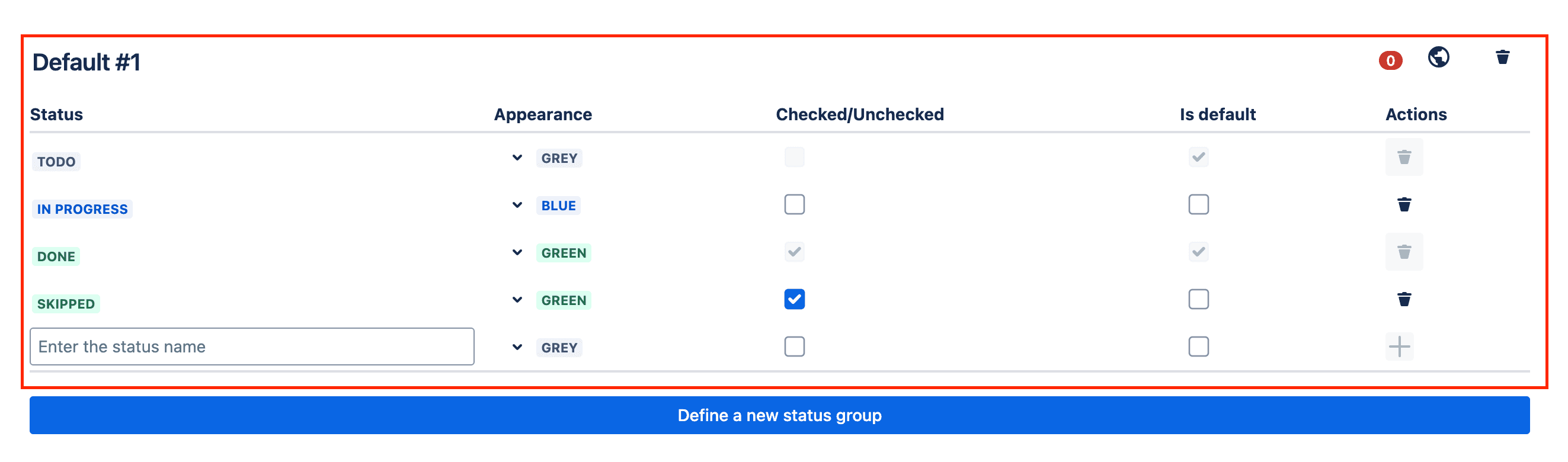 Tick checklist for Jira - status group creation section - new status grouped created