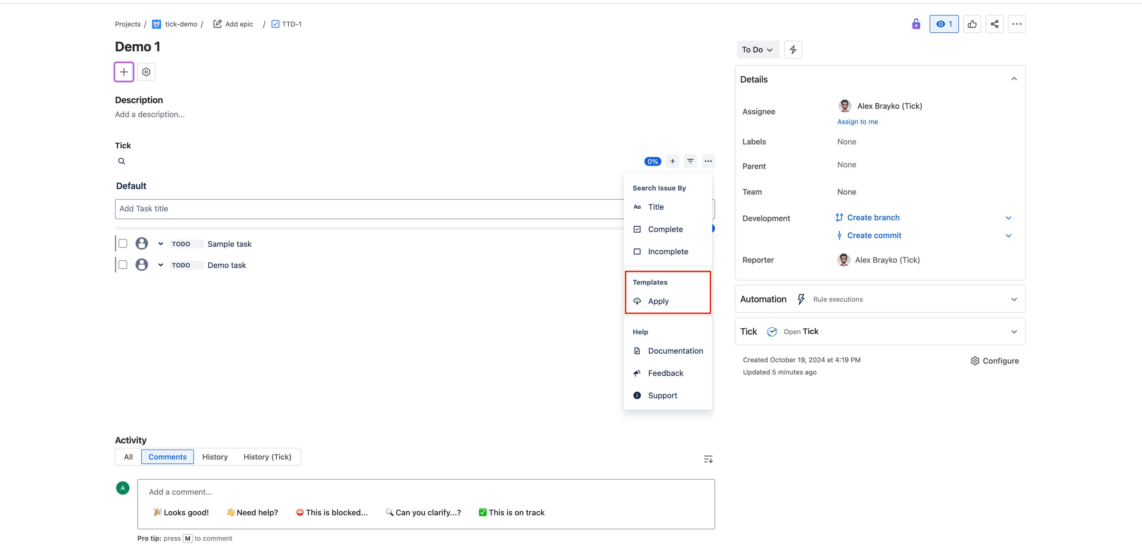 Tick checklist for Jira - Apply template menu