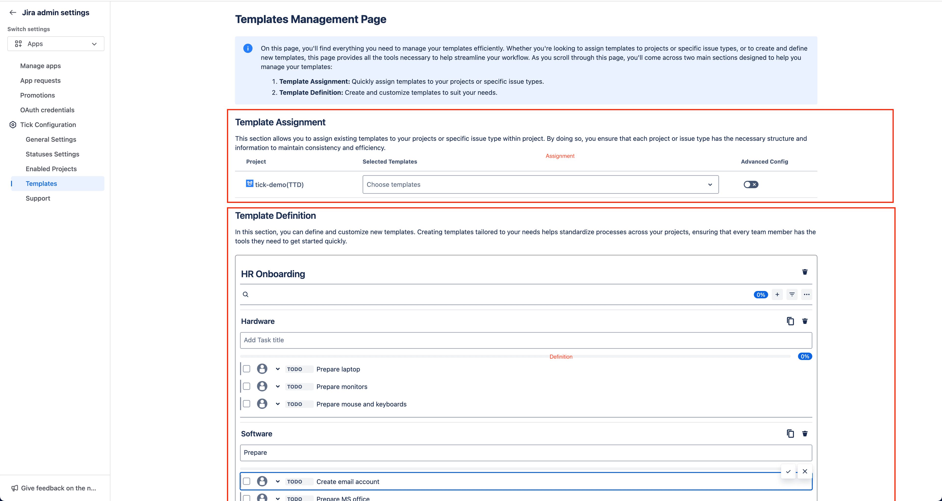 Tick checklist for Jira - template admin page