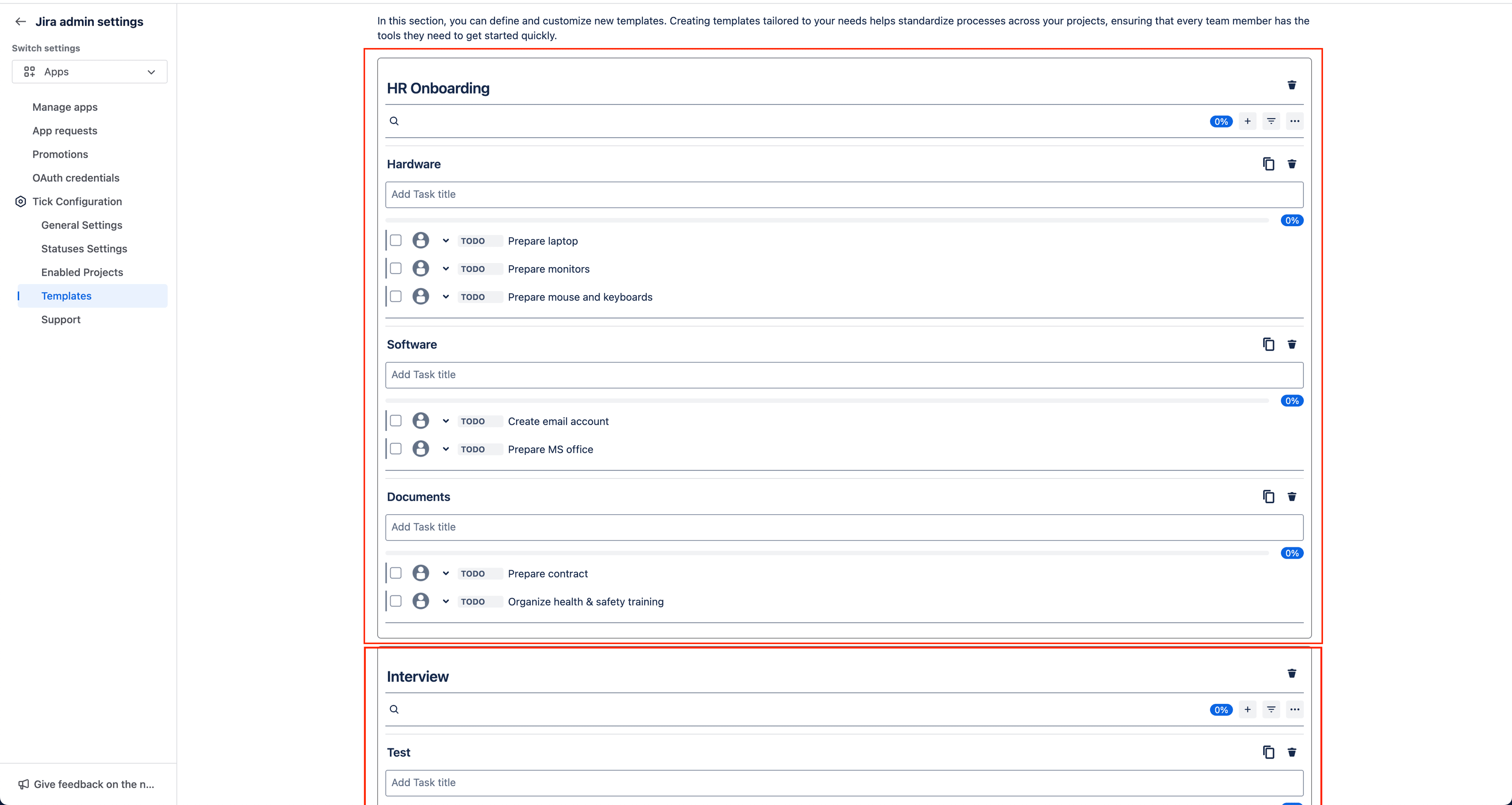 Tick checklist for Jira - template admin page - template edit user experience