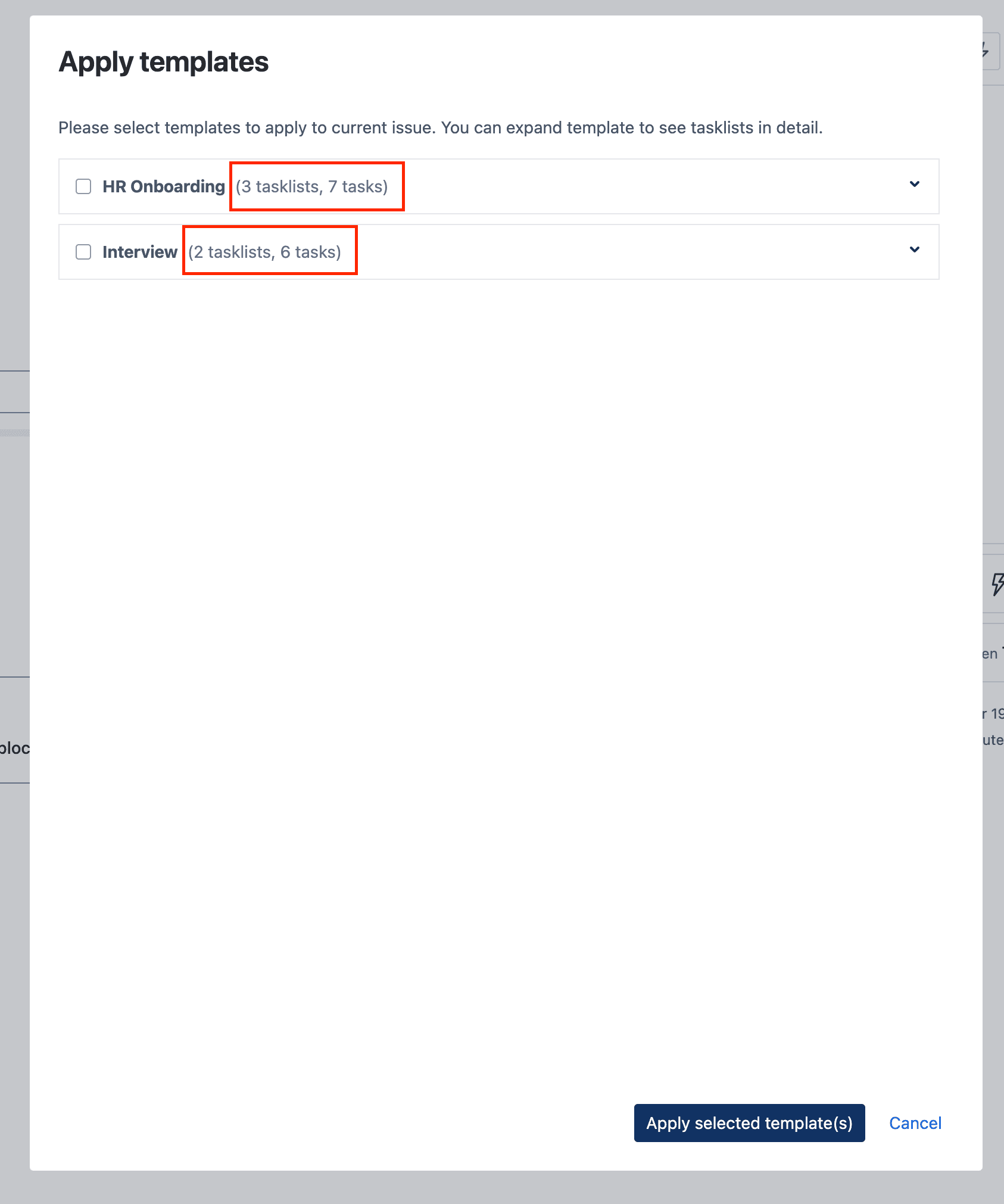 Tick checklist for Jira - template selection popup - template details