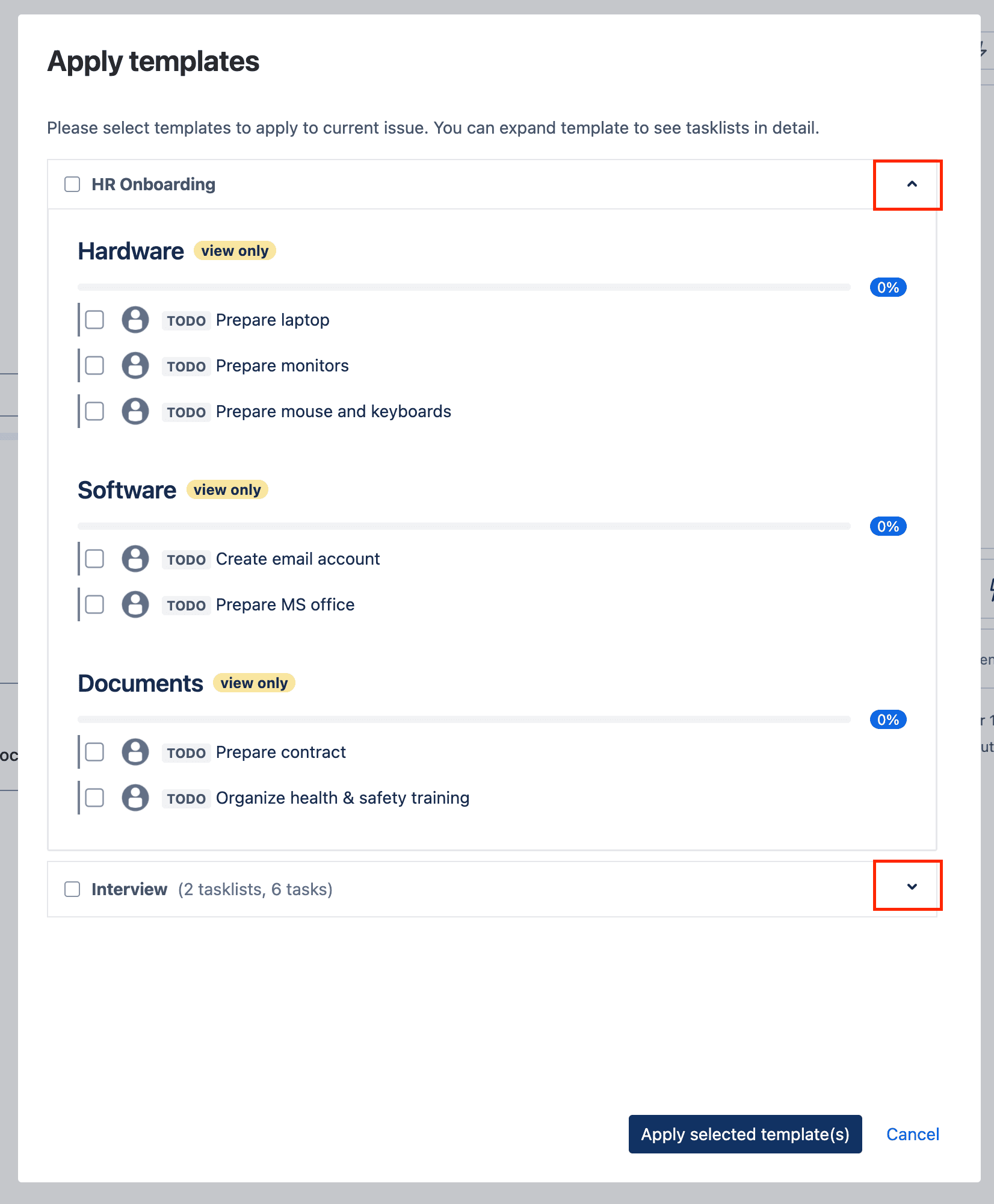 Tick checklist for Jira - template selection popup - template expand chevron