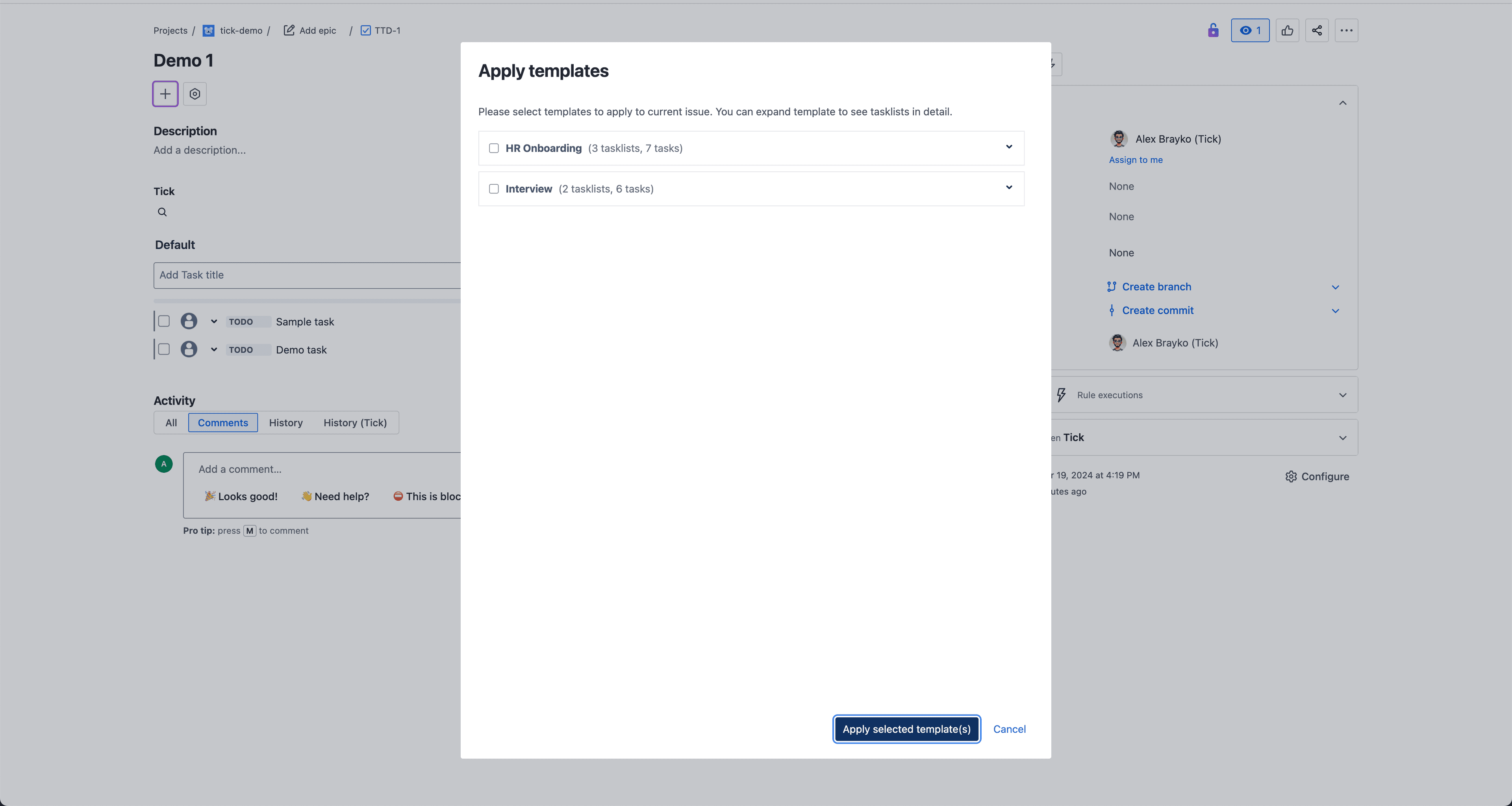 Tick checklist for Jira - template selection popup