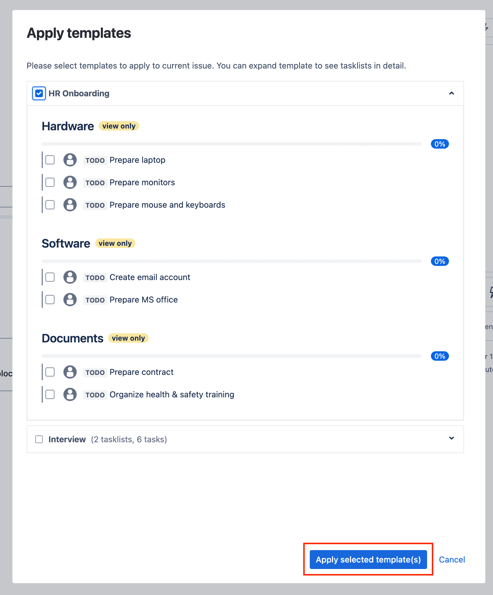 Tick checklist for Jira - template selection popup - apply templates button