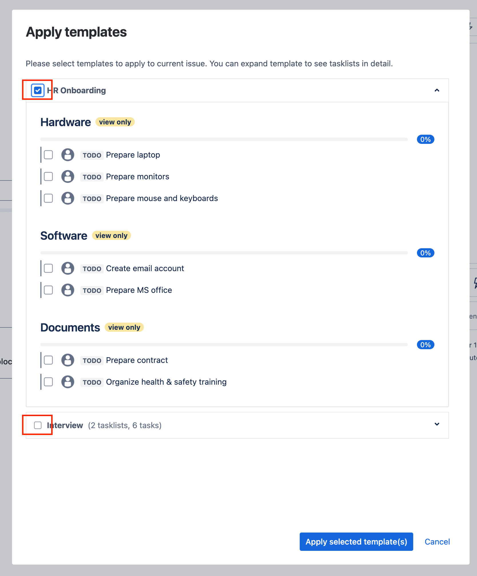 Tick checklist for Jira - template selection popup - template selection checkbox