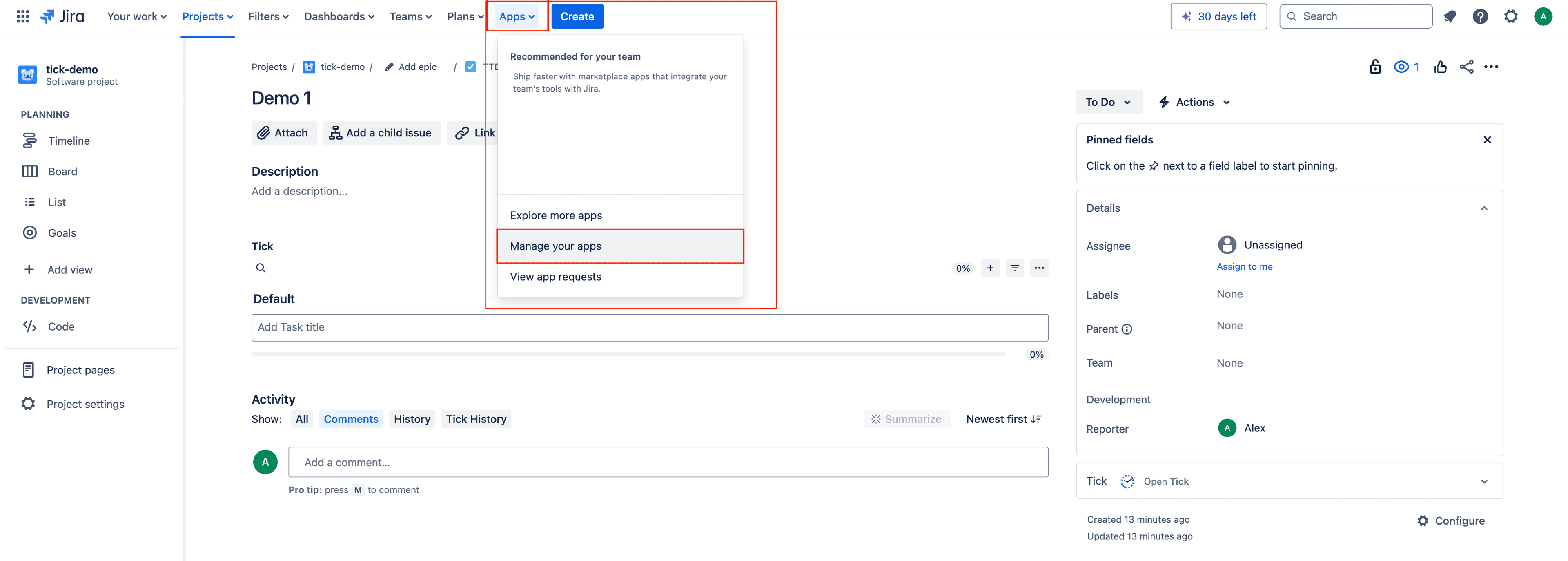Tick checklist for Jira - Jira Manage your apps menu
