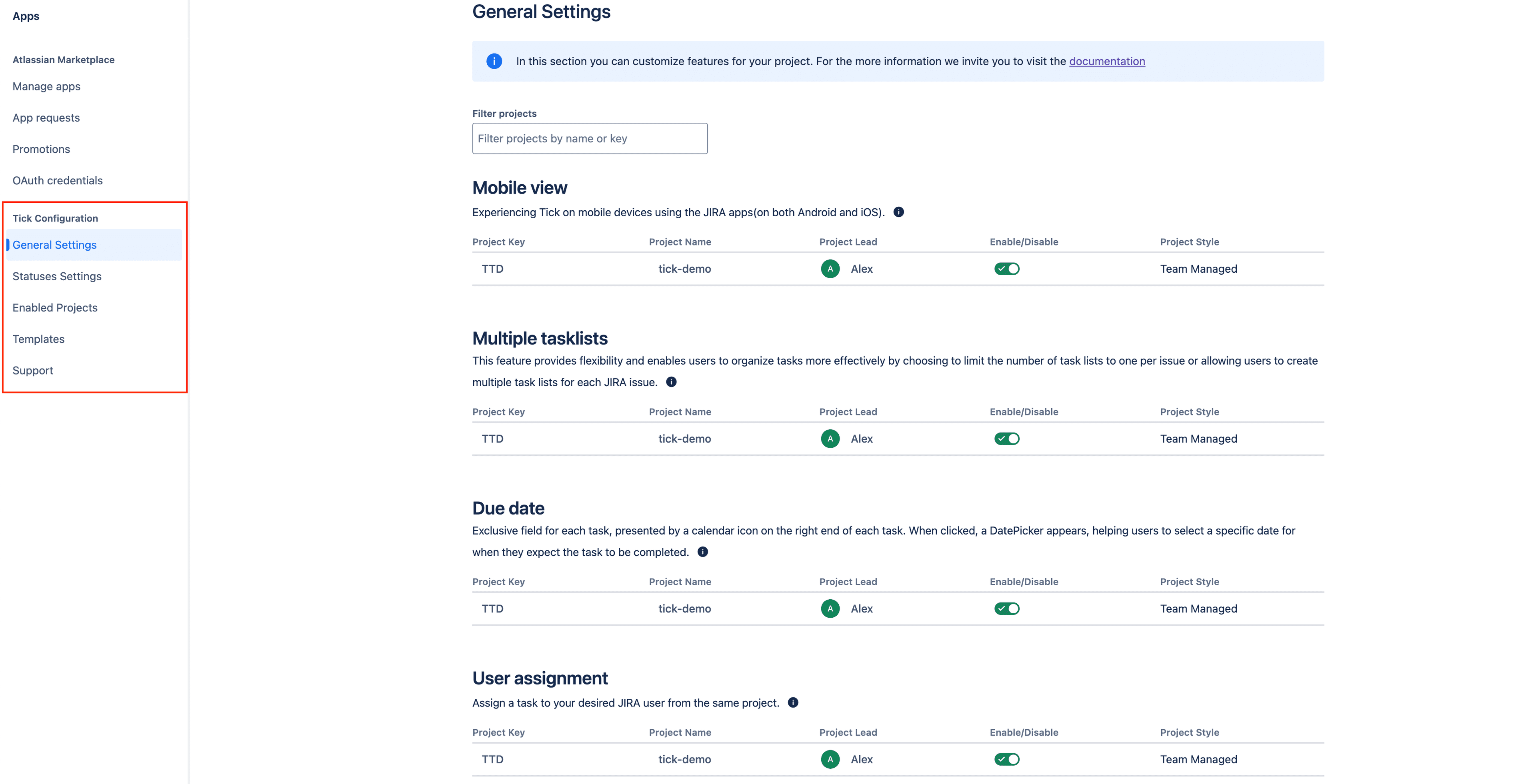 Tick checklist for Jira - admin menus