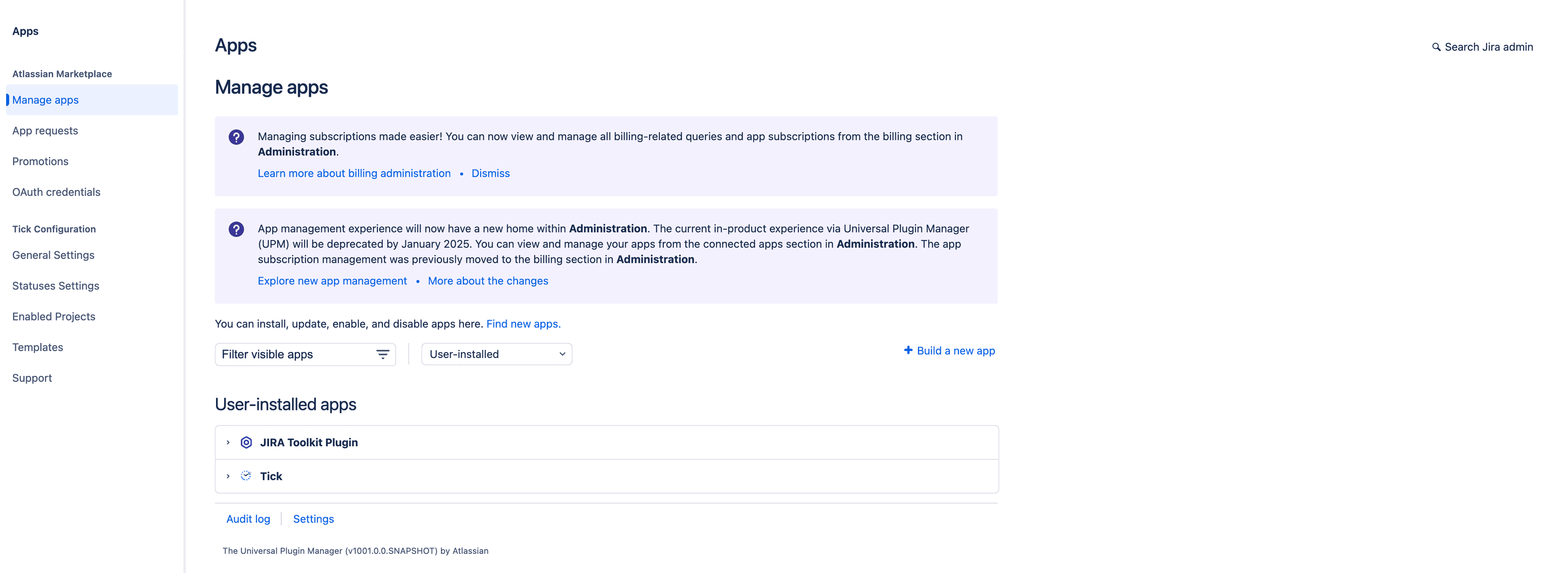 Tick checklist for Jira - Jira Manage your apps screen