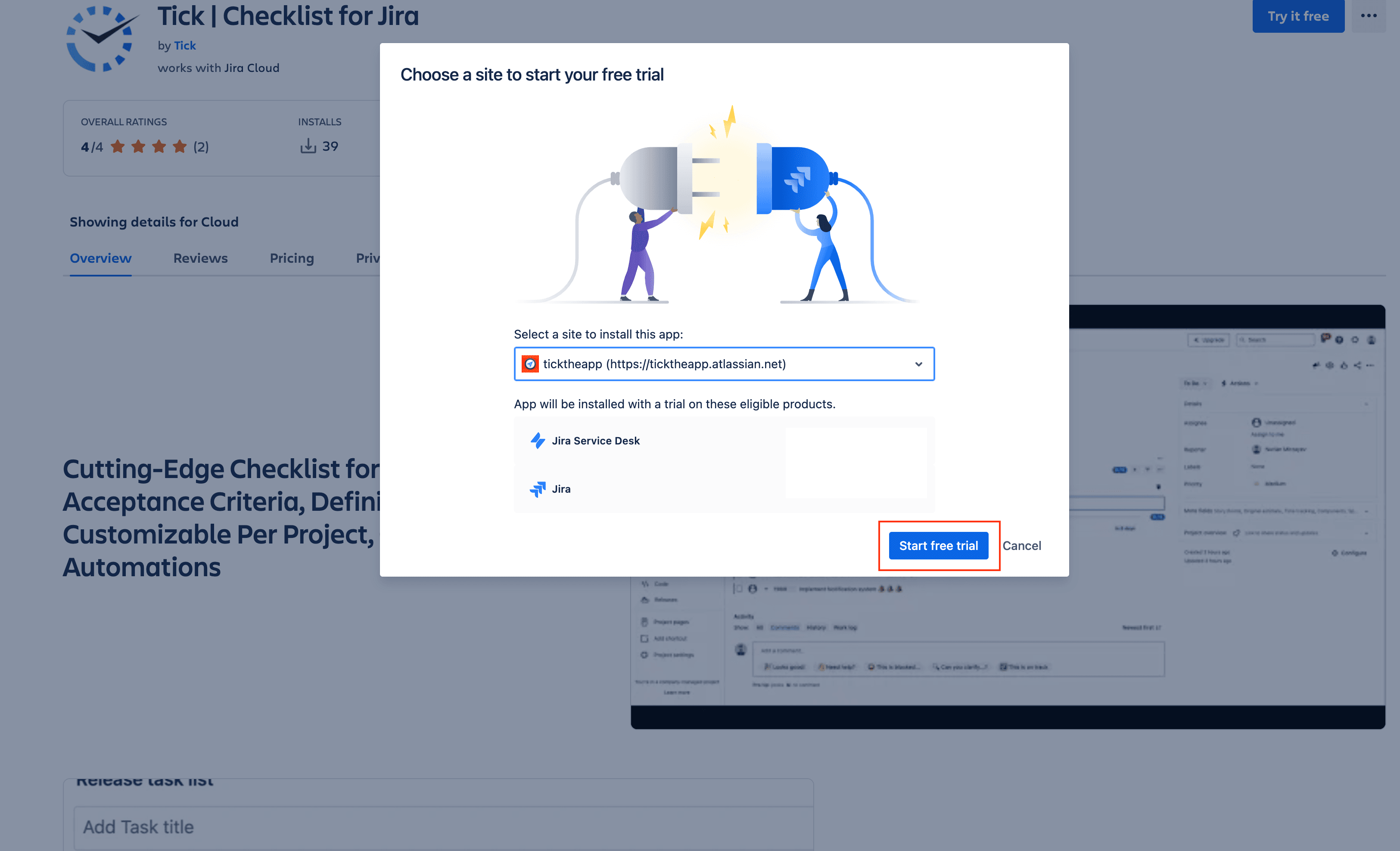 Tick checklist for Jira - Atlassian Marketplace page - start free trial