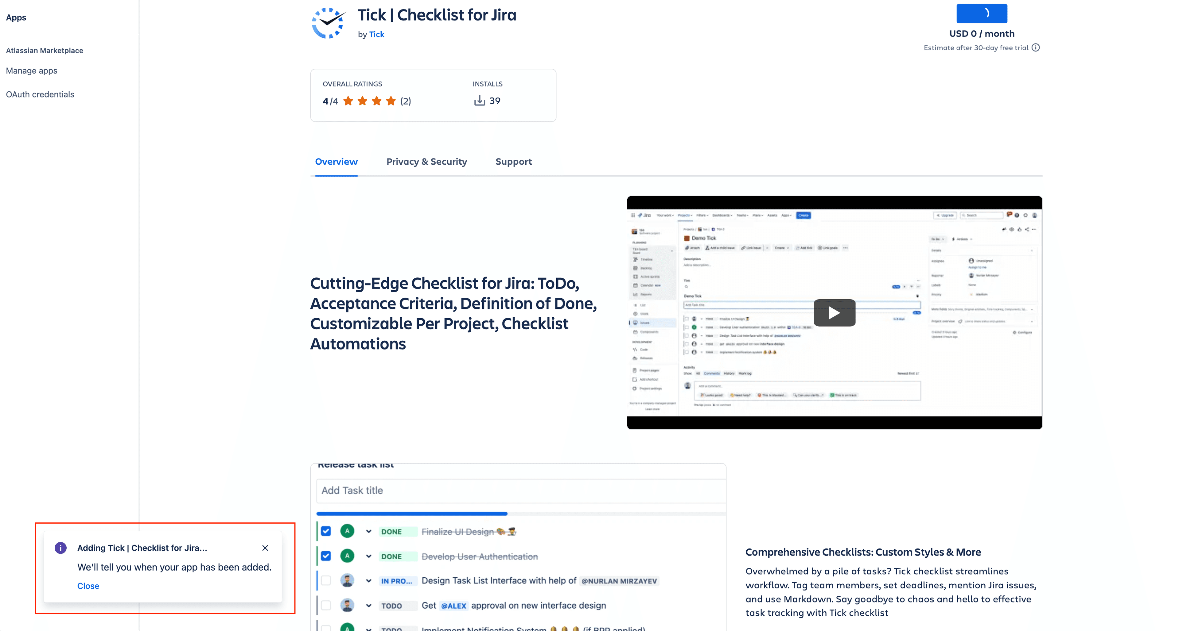 Tick checklist for Jira - installation in progress