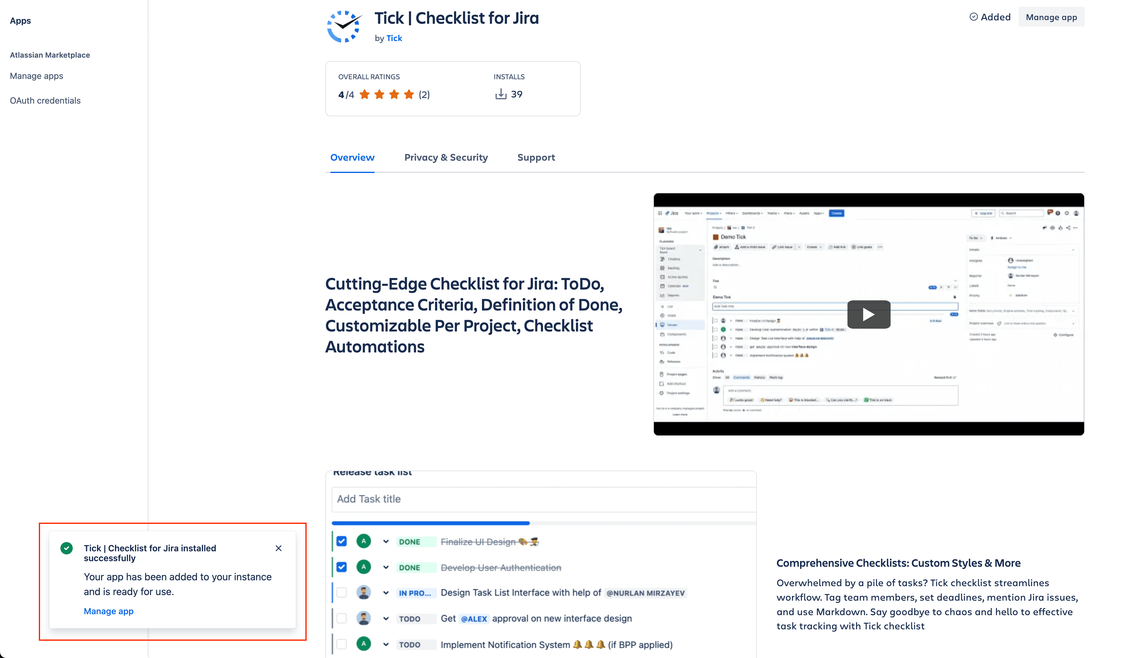 Tick checklist for Jira - installation successfull