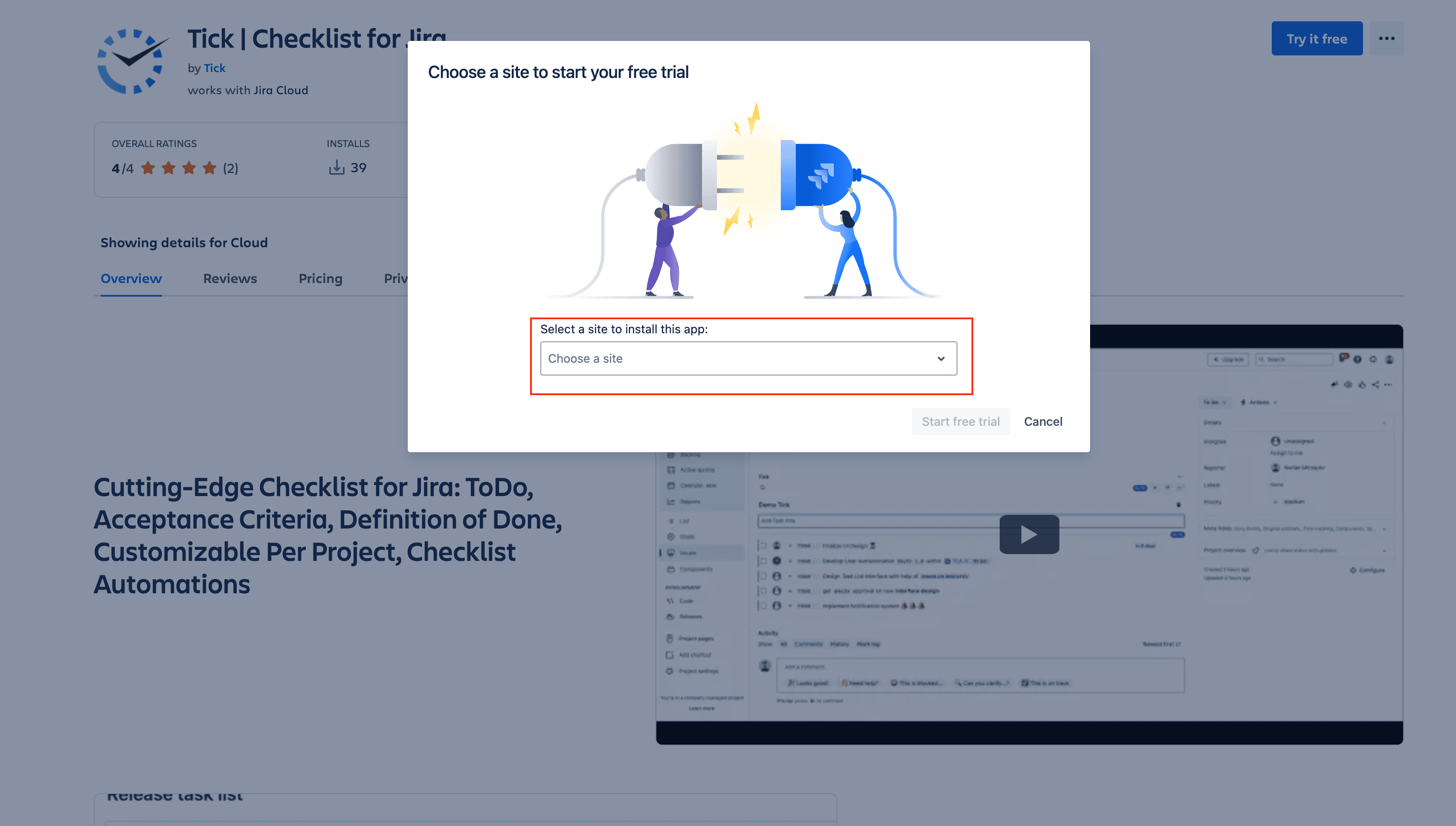 Tick checklist for Jira - Atlassian Marketplace page - select Jira instance