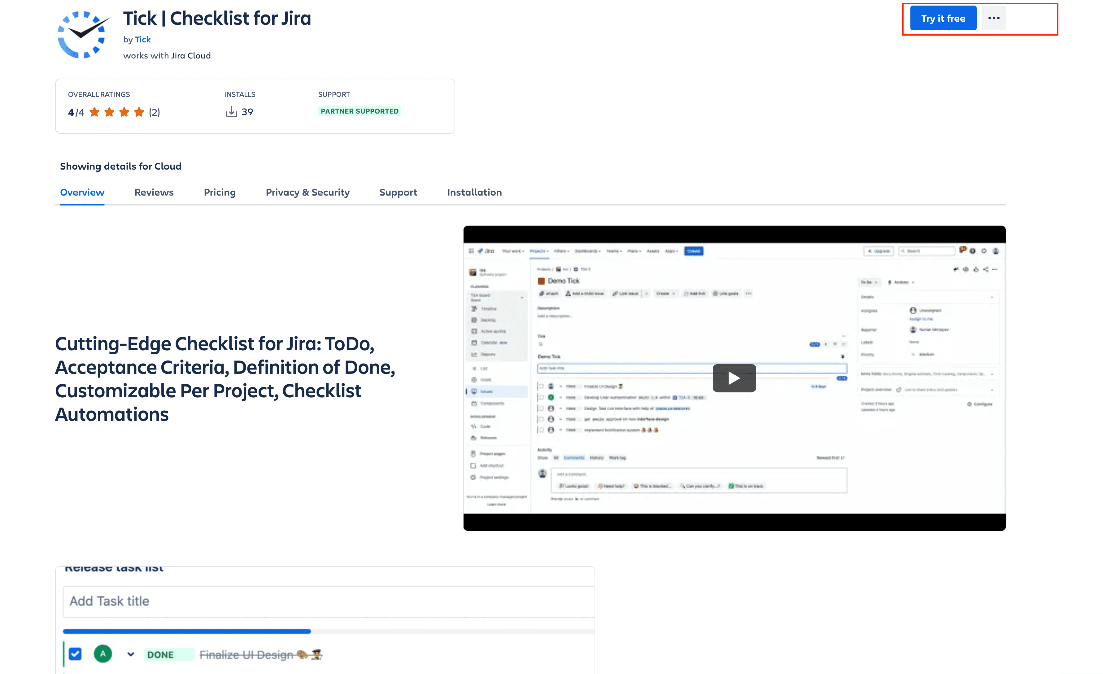 Tick checklist for Jira - Atlassian Marketplace page - try for free