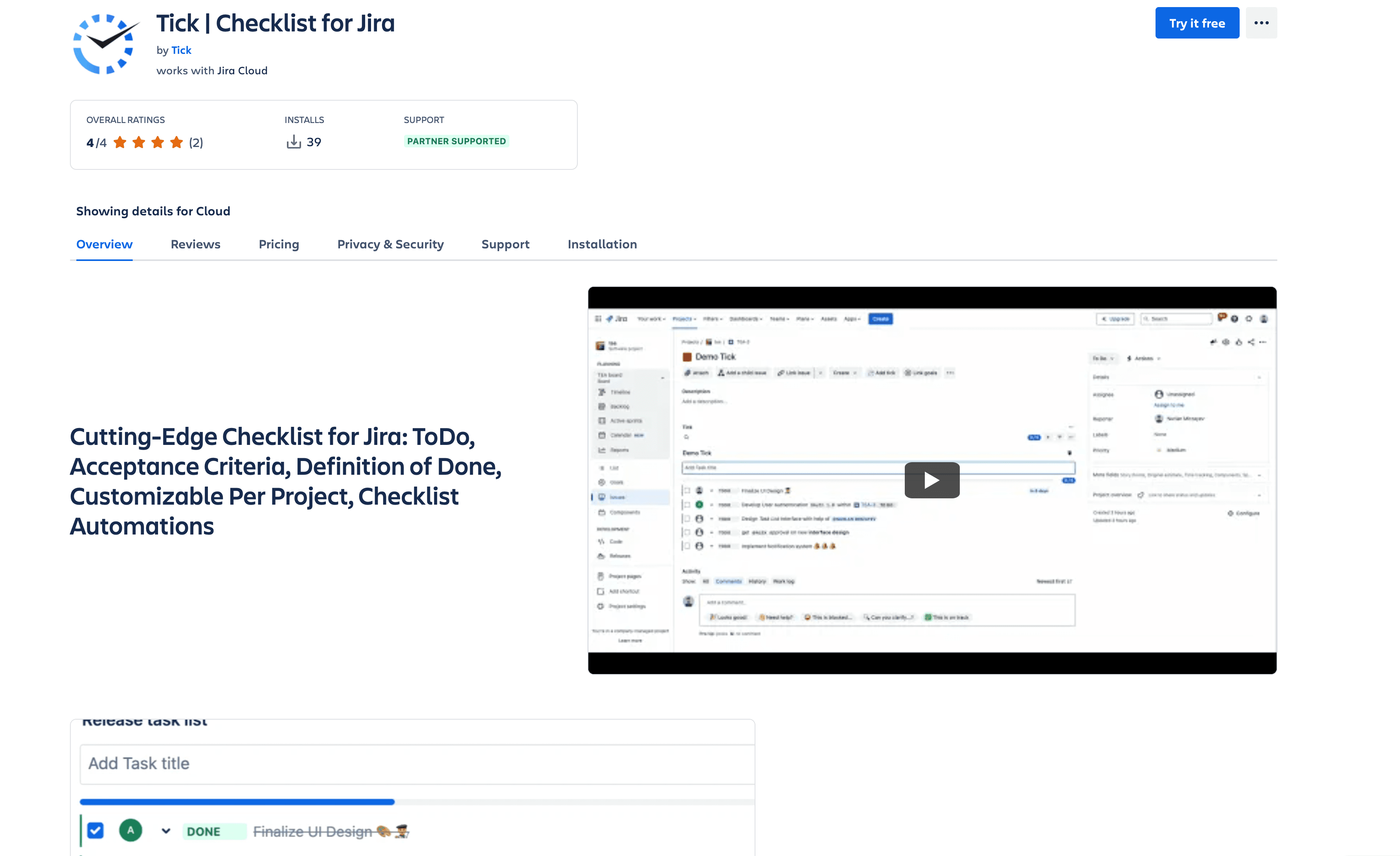 Tick checklist for Jira - Atlassian Marketplace page