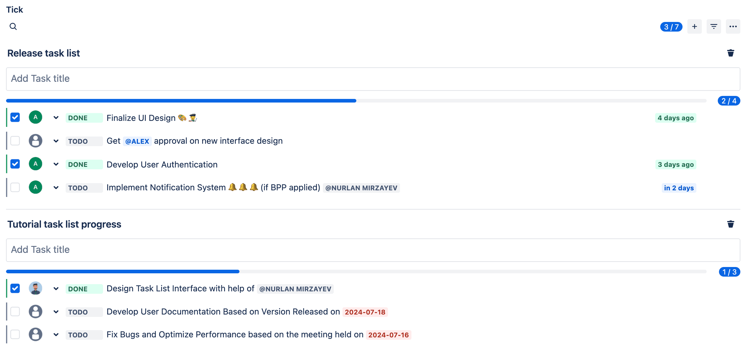 individual and totaltask statistics task lists progress