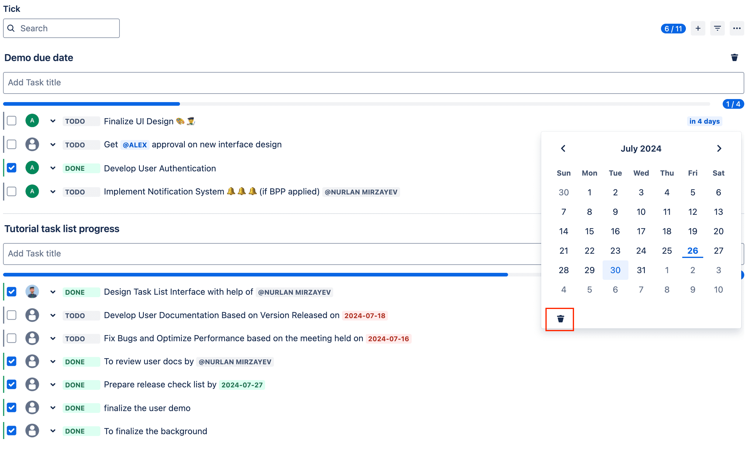 Demonstration of the due date, Unsetting