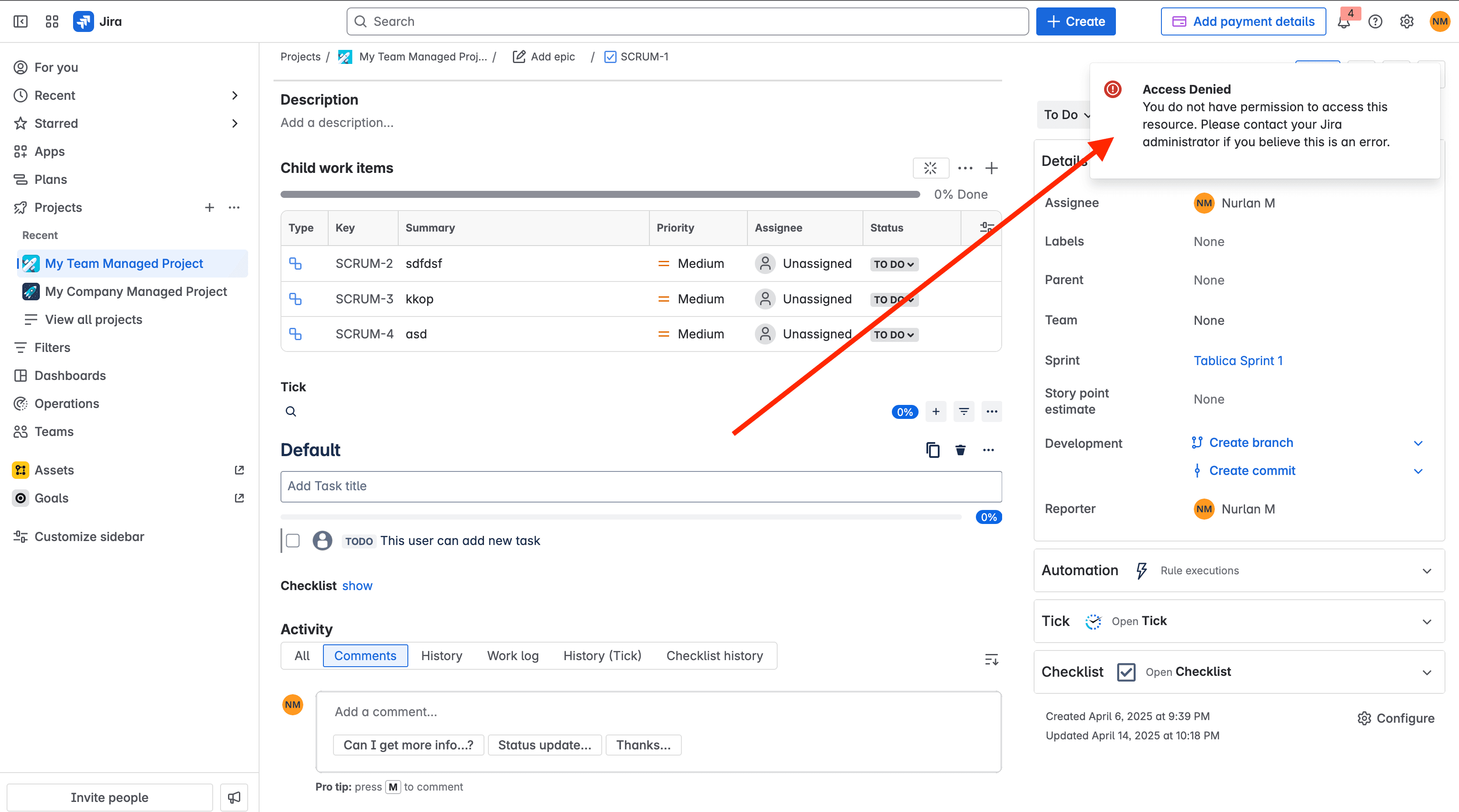 Tick checklist for Jira - custom permissions applied