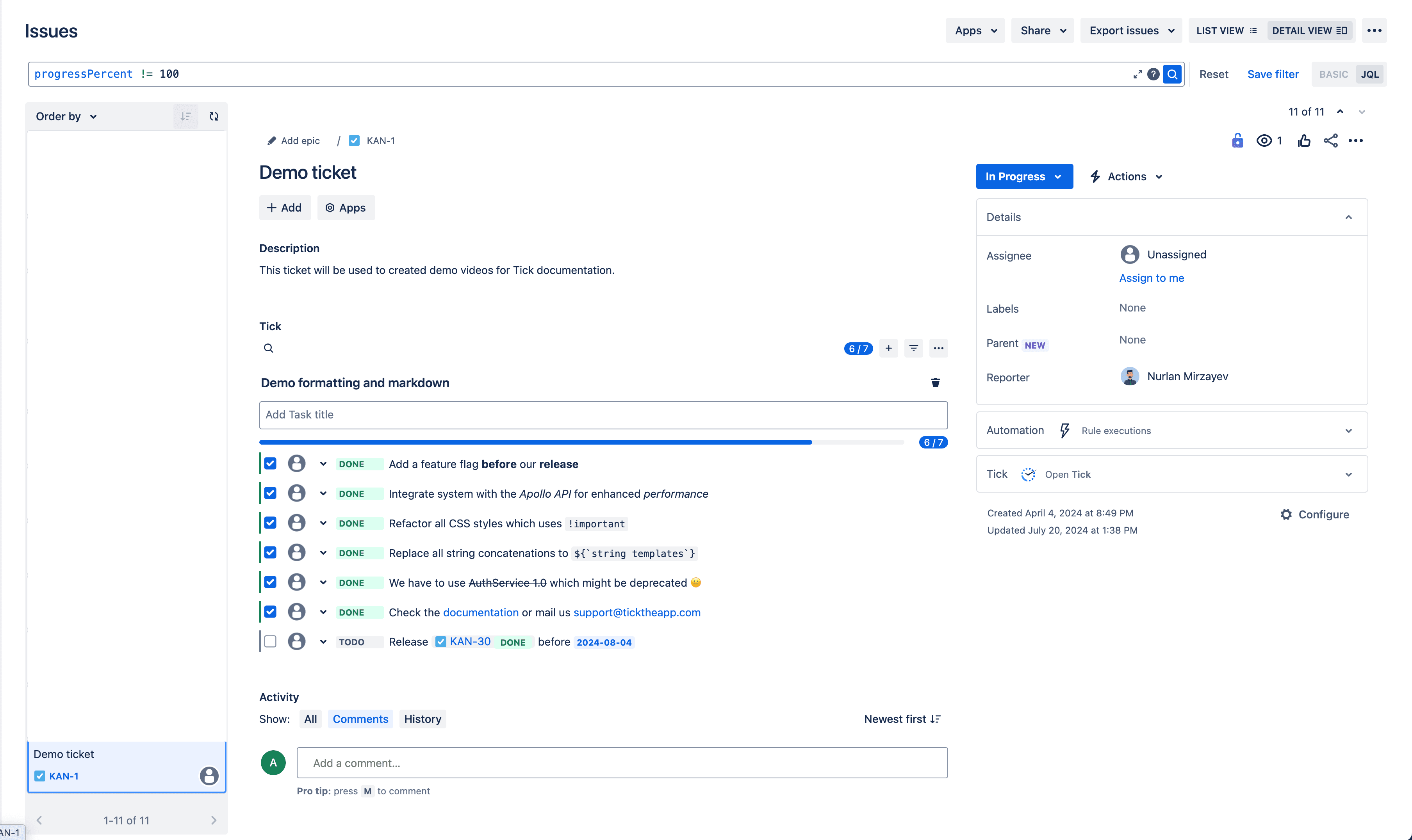 Demonstration of searching which all tasks are not marked as finished