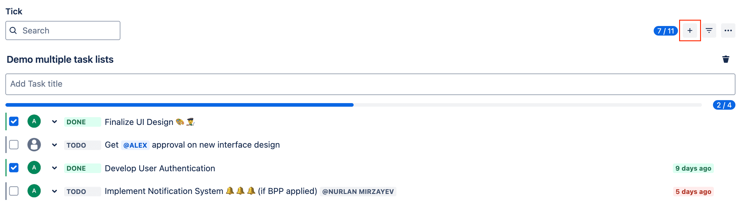 Demonstration of multiple task list enabled add button