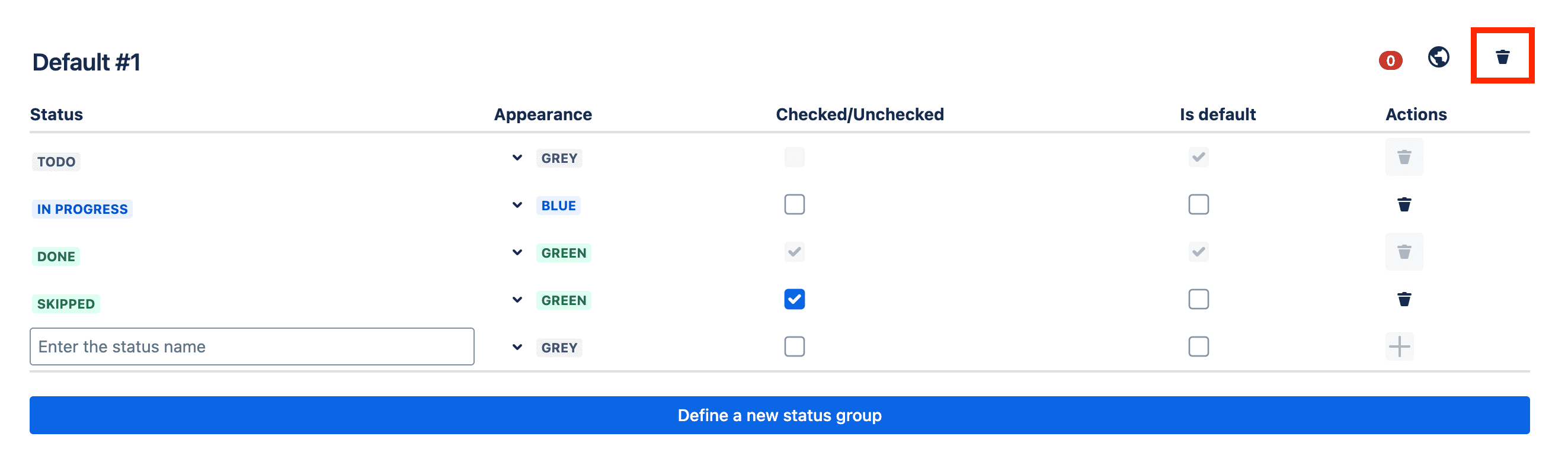 Tick checklist for Jira - workflow admin page - status group delete