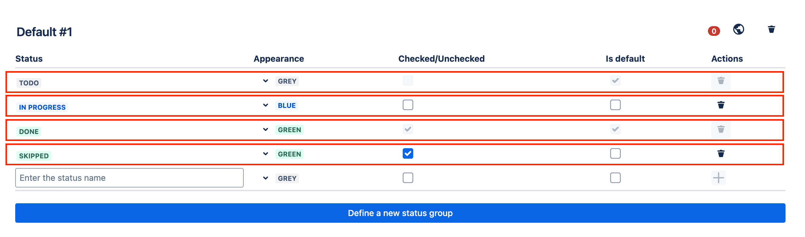 Tick checklist for Jira - workflow admin page - statuses
