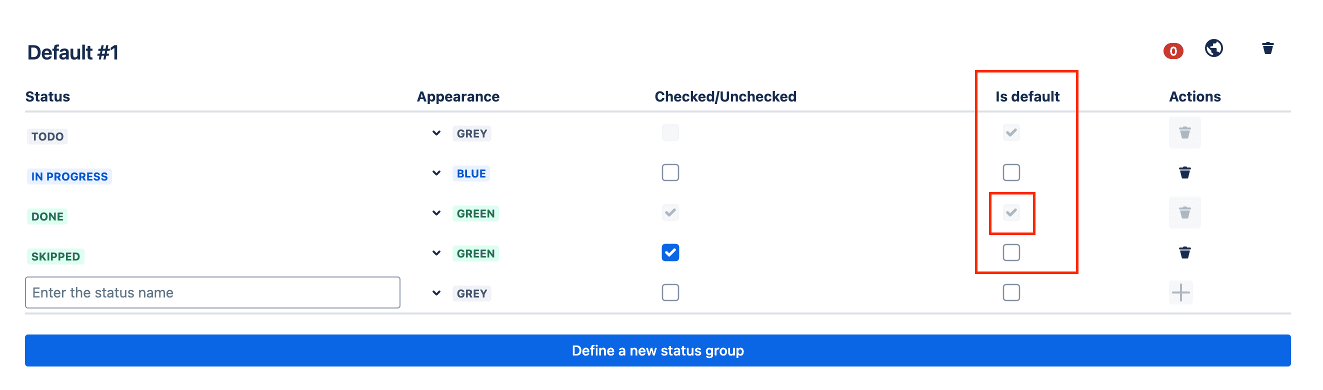 Tick checklist for Jira - status group - status default checked