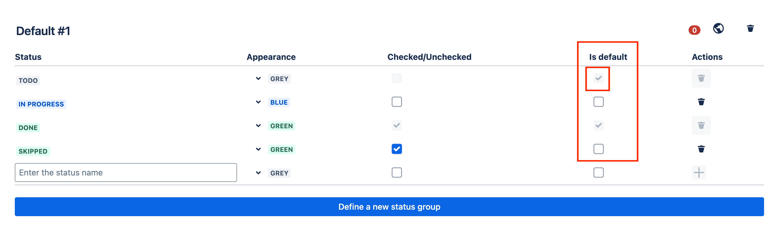 Tick checklist for Jira - status group - status default unchecked