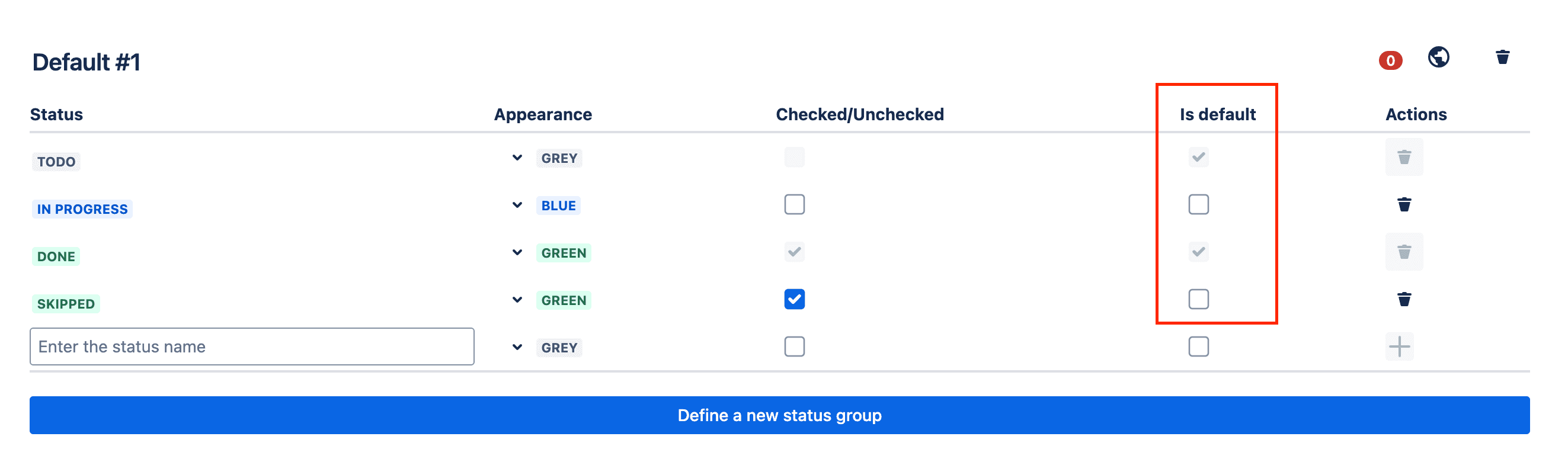 Tick checklist for Jira - status group - status transition default